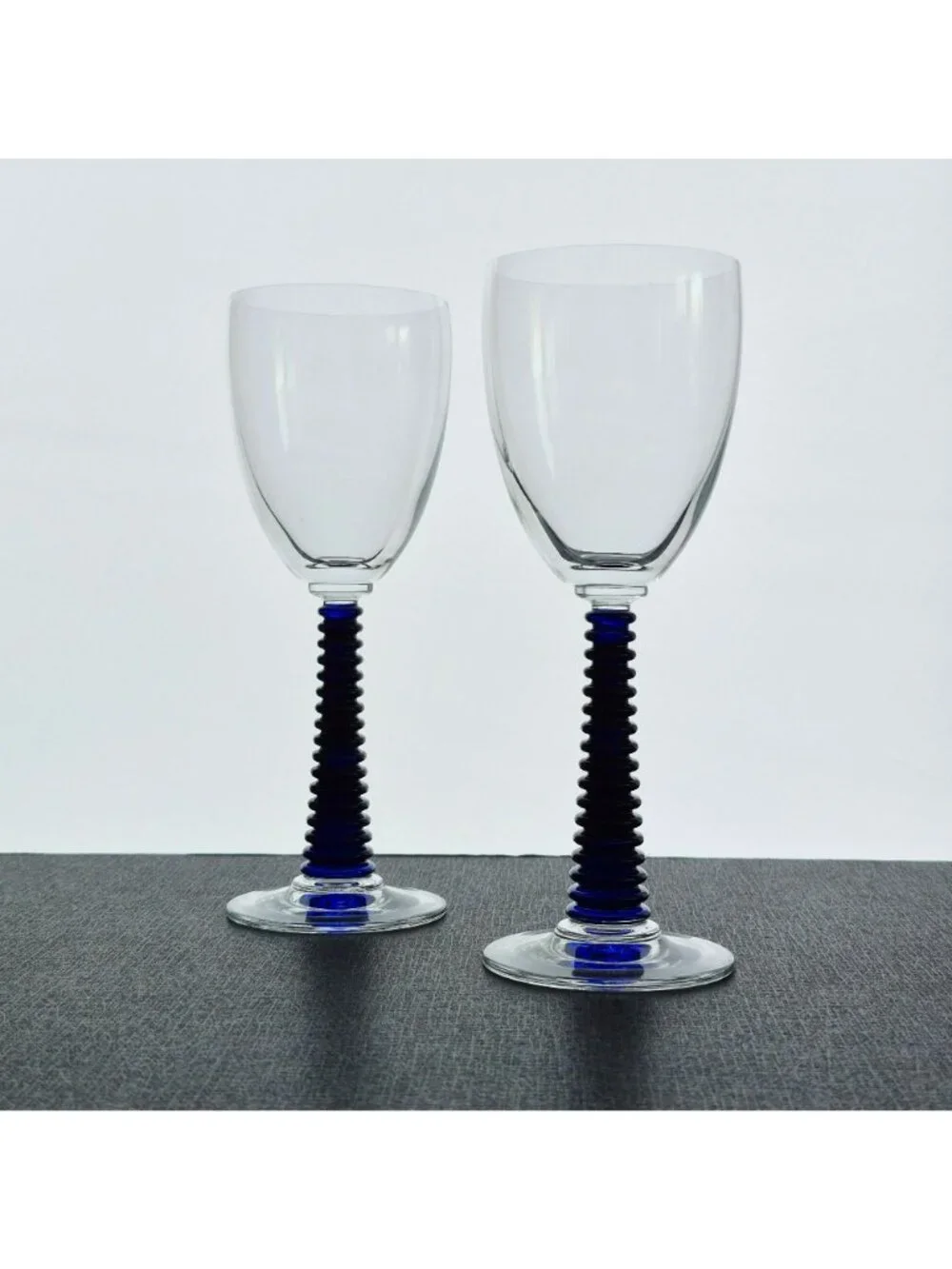Cobalt Blue & Clear Goblet Set of 2, Textured Blue Stem Clear Bowl, Discontinued